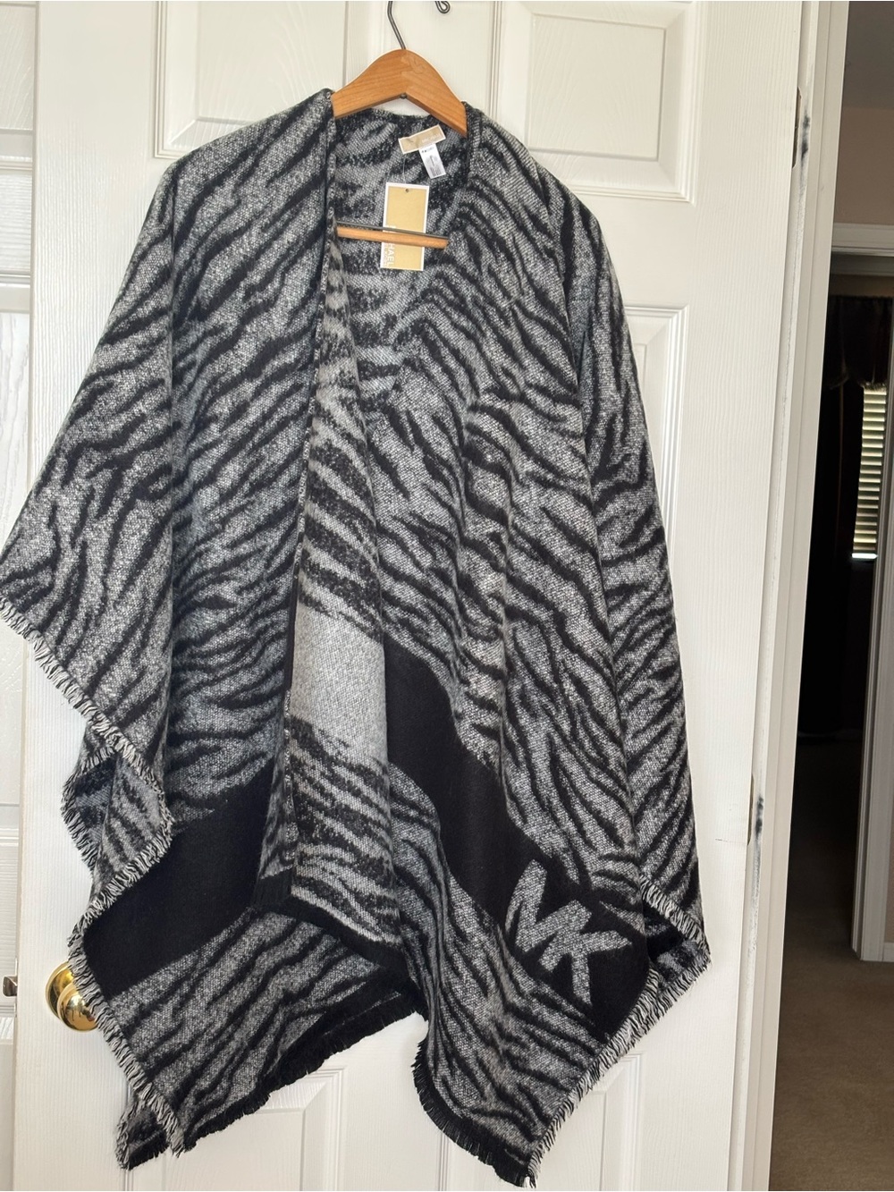 Michael Kors Black & Gray Zebra-Print Poncho Wrap